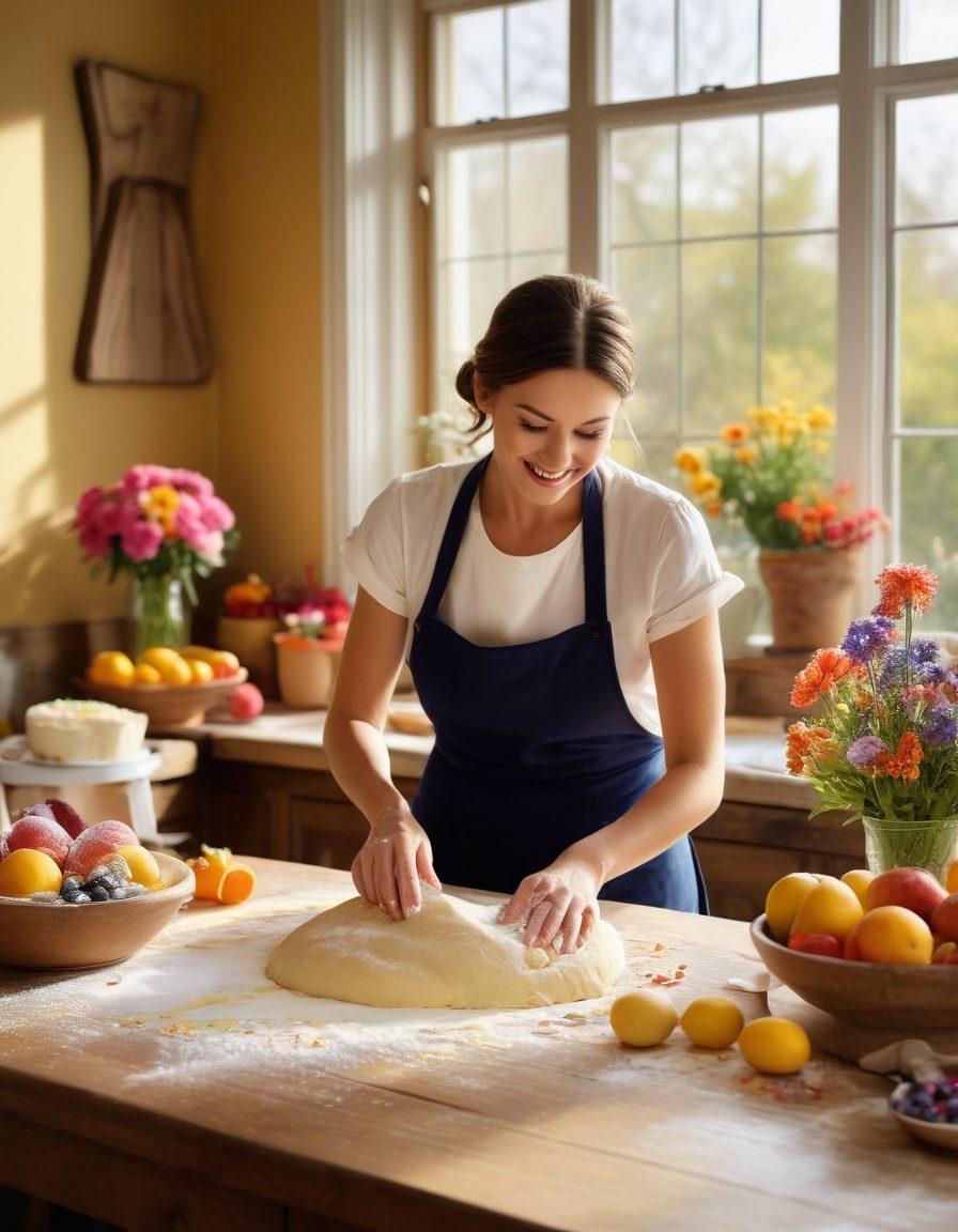 A warm, inviting kitchen scene featuring a cheerful person kneading dough, surrounded by colorful ingredients like flour, sugar, and fresh fruits. In the background, a window lets in soft, golden sunlight, highlighting a freshly baked cake decorated with bright icing and flowers. The atmosphere radiates joy and comfort, inviting viewers to embrace the art of baking. vibrant colors. cozy atmosphere. soft lighting.