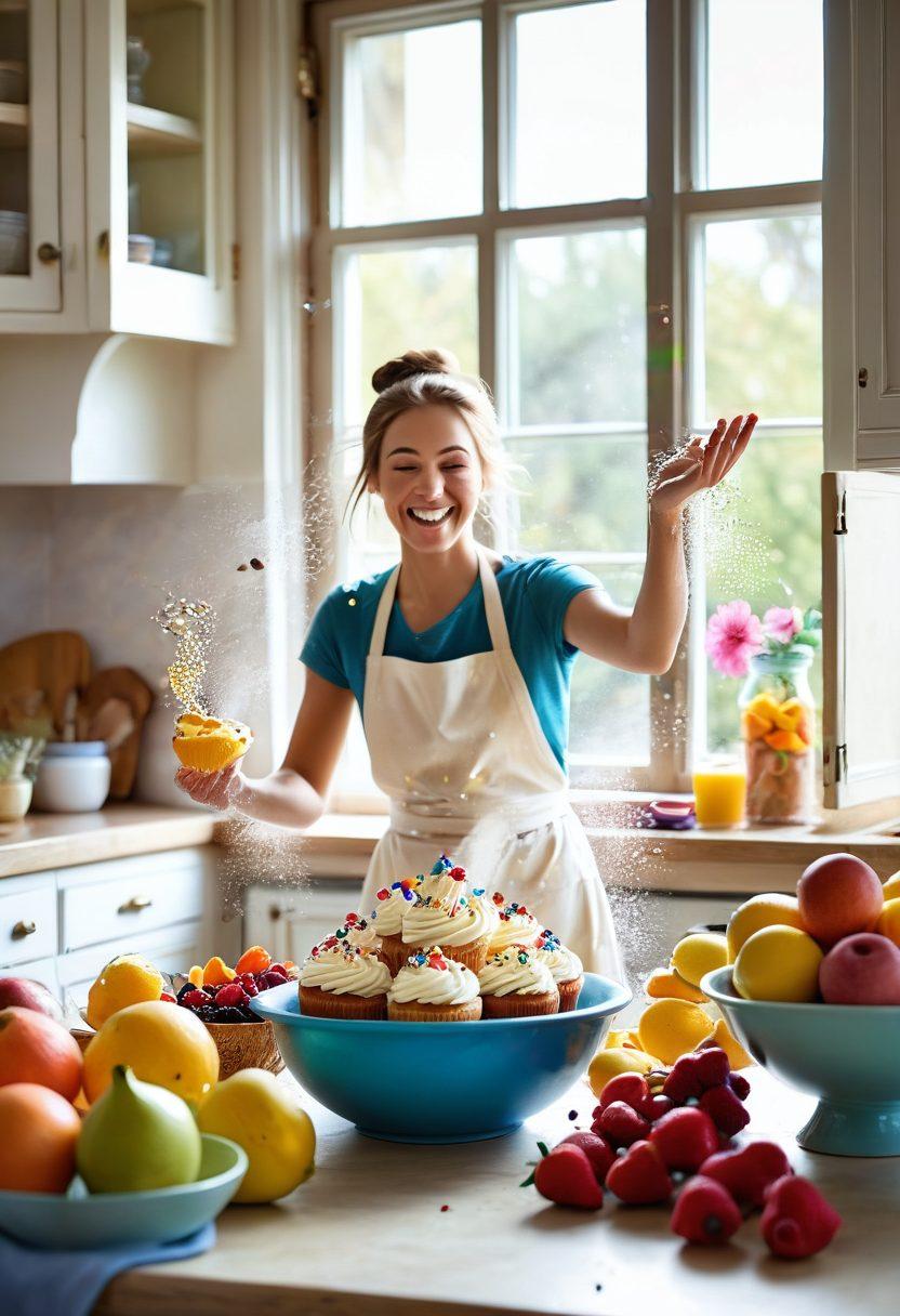 A whimsical kitchen scene filled with cheerful pastel colors, featuring a person joyfully whisking batter in a large bowl, surrounded by an array of delicious baked goods like cupcakes and cookies. Sunlight pours through a window, casting a warm glow, while whimsical bluebirds flutter nearby, symbolizing lifted spirits. Add playful swirls of flour and vibrant fruits scattered around. vibrant colors. soft focus.