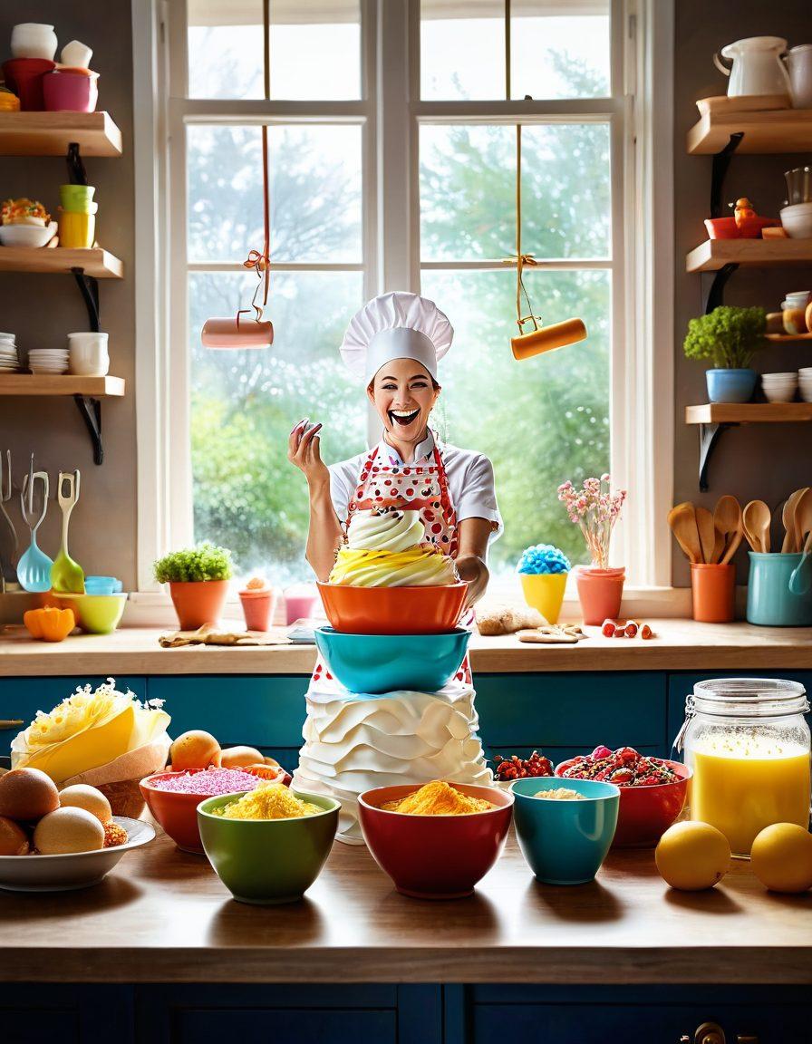 A whimsical kitchen scene showcasing a chef joyfully mixing cake batter in a colorful bowl, flour and sprinkles flying around. In the background, creative baked goods like vibrant cupcakes and a layered cake are displayed. Warm light filters through a window, illuminating a cozy atmosphere. Elements of joy and creativity are emphasized with playful kitchen tools and ingredients scattered around. painting. vibrant colors. soft focus.